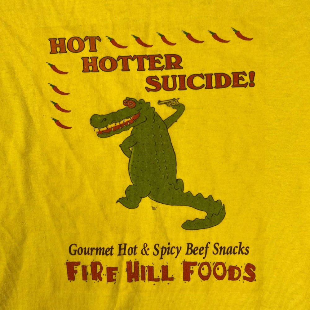 Vintage Fire Hill Foods Graphic T Shirt Men's Large Yellow Hot Spicy Beef Snacks